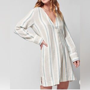 Faherty white linen vertical stripe v neck shirt dress